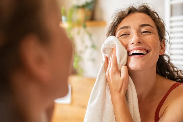 Uśmiechnięta kobieta osusza twarz za pomocą ręcznika.